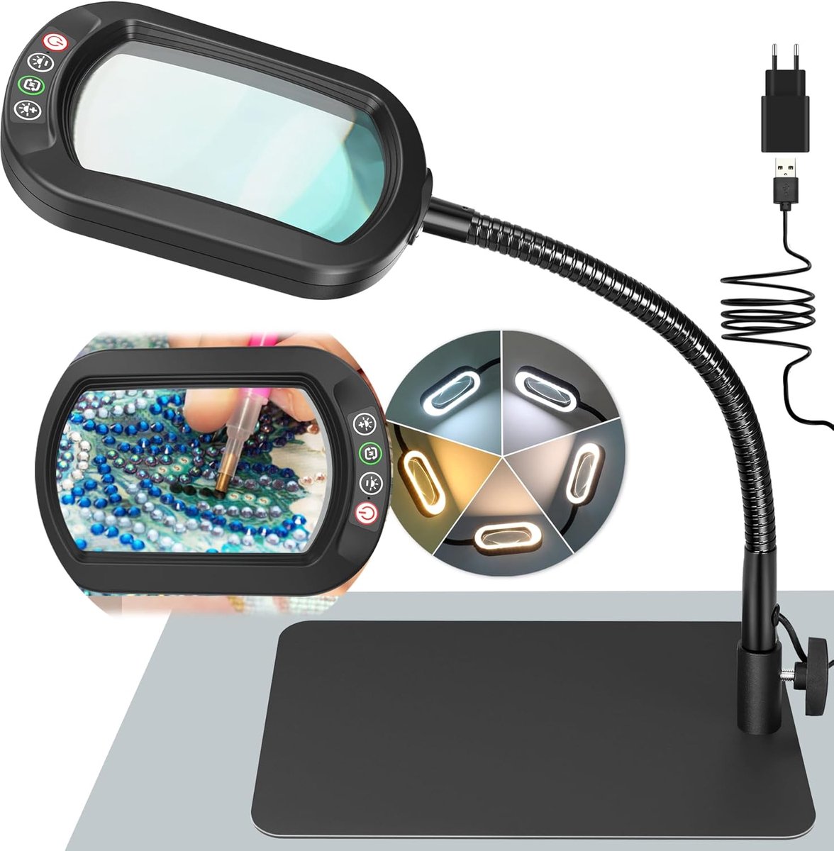 SnelShoppen - 10X Vergrootglas met Licht en Standaard, Echt Glazen Loeplamp met 5 Dimbare Kleurmodi, Flexibele Zwanenhals LED Bureaulamp voor Lezen, H