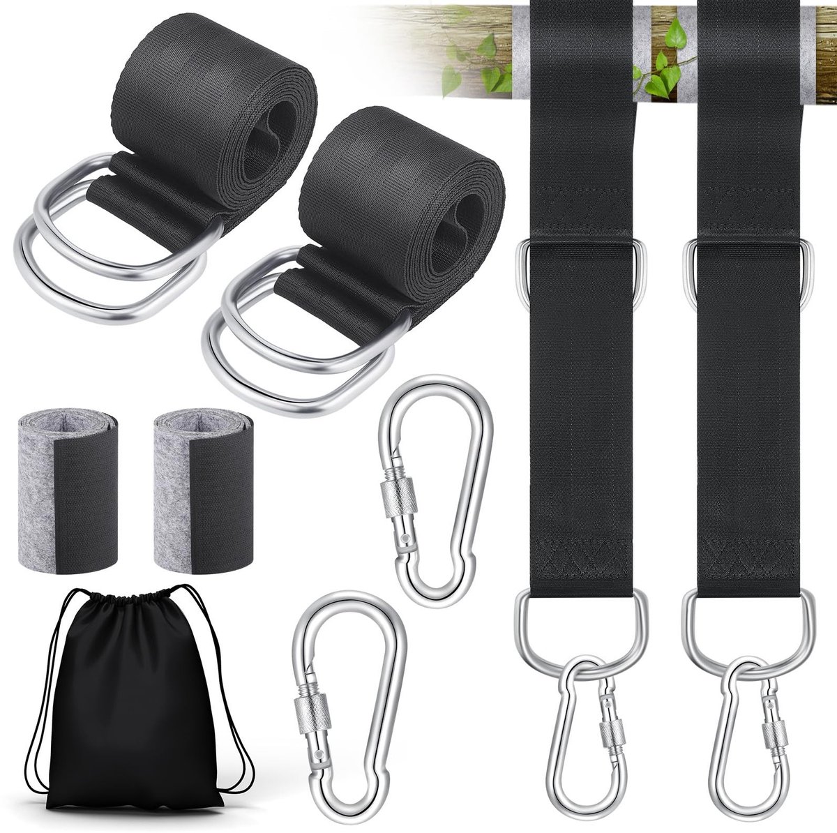 Dailygoods- Schommelbevestiging met karabijnhaken - D-ringen - Opbergtas - Boombeschermkussens - Draagvermogen 800 kg - Schommelophanging 1,5 m x 4,8 cm - Schommelhaak