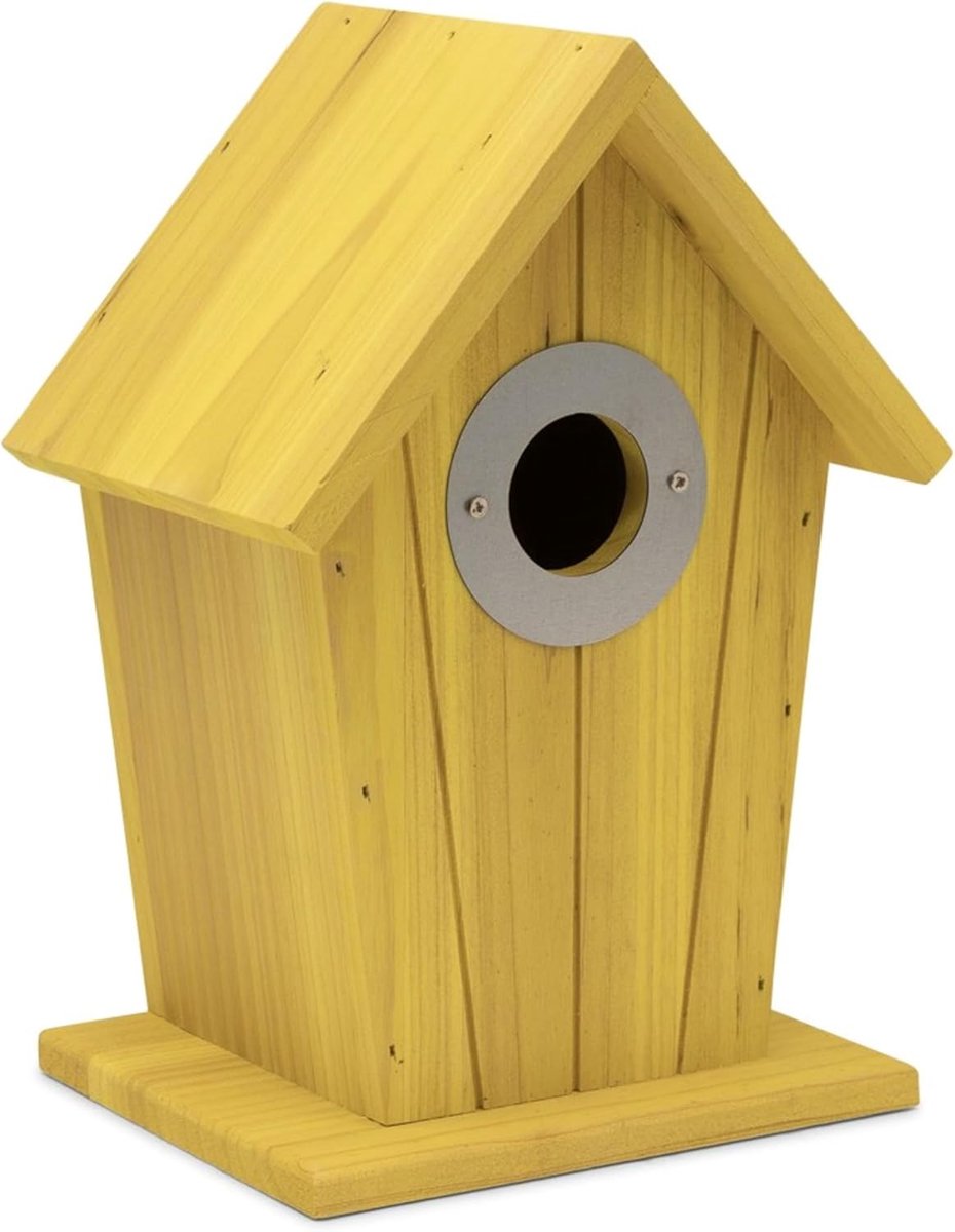 Thijox - Nestkast Vogelhuisje voor Mezen en Mussen - Houten Nestkast Geel FSC® 100% - Tuinvogelhuisje met Schuine Dakconstructie - Compact en Duurzaam