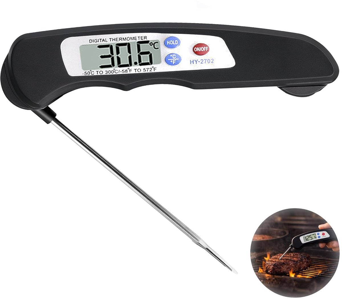 Thijox - 3 Seconden Snel Afspelen - Lange Opvouwbare Temperatuursonde met LCD-Display, Nauwkeurig Kookgereedschap 0,1 °C voor Vlees, BBQ, Bakken, Melk