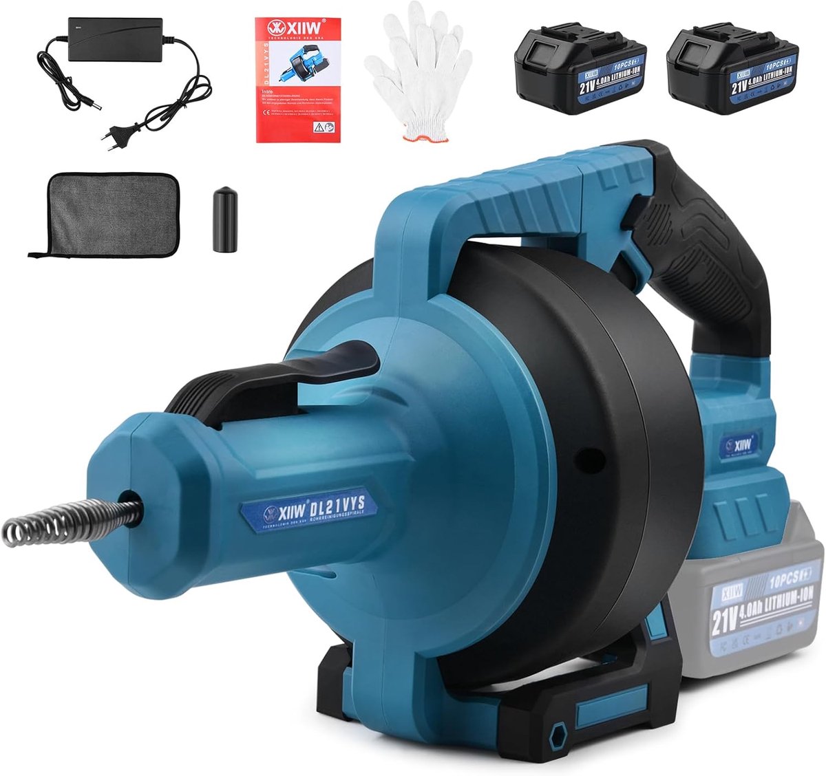 Thijox - Afvoerontstopper Set 18V - Professionele Rioolontstopper met 7,6m Flexibele Buisreinigingsspiraal, Variabele Snelheid, Rechts-/Linksloop voor