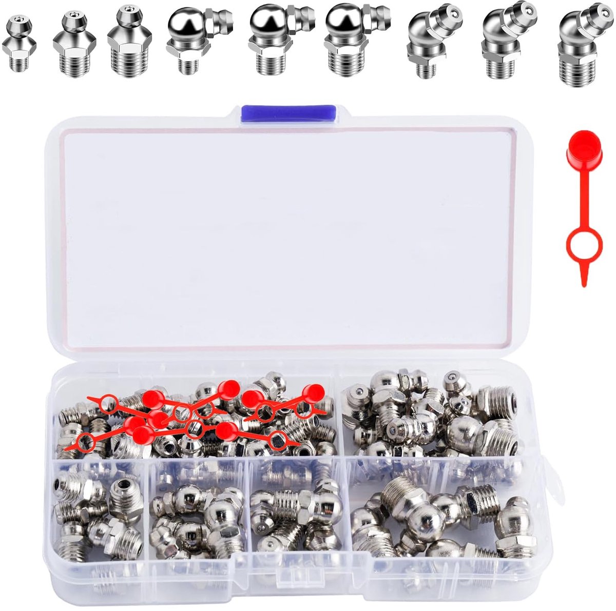 Dailygoods - smeernippel assortiment kit, M6 M8 M10 metrisch smeernippel assortiment kit, 60 stuks smeernippel kit, hydraulische smeernippel met 10 stuks kunststof smeerfitting kappen, voor smeerpersen