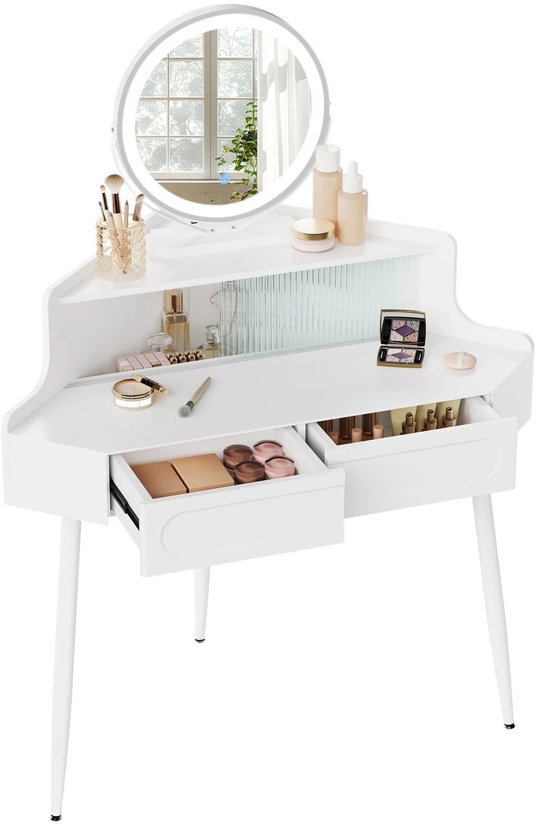 RosaBloom Kaptafel - Make-up tafel - Toilettafel - Hoekontwerp - Dimbare LED-verlichting - Ruime opbergcapaciteit - 99x139x63 cm - MDF en IJzer - Wit