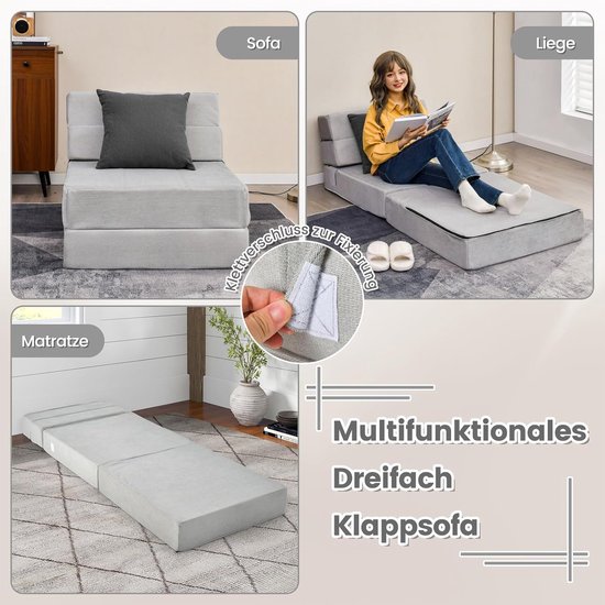 Inklapbare slaapbank - Gastenmatras vloer - Extra zitplek - Drievoudige klapfunctie - 190 x 71 cm - Grijs — afbeelding 5