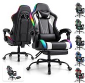 Zwarte gamestoel met wit accent, voetensteun en veelkleurige LED-verlichting. Set van meerdere stoelen en enkele stoel met voetensteun getoond.