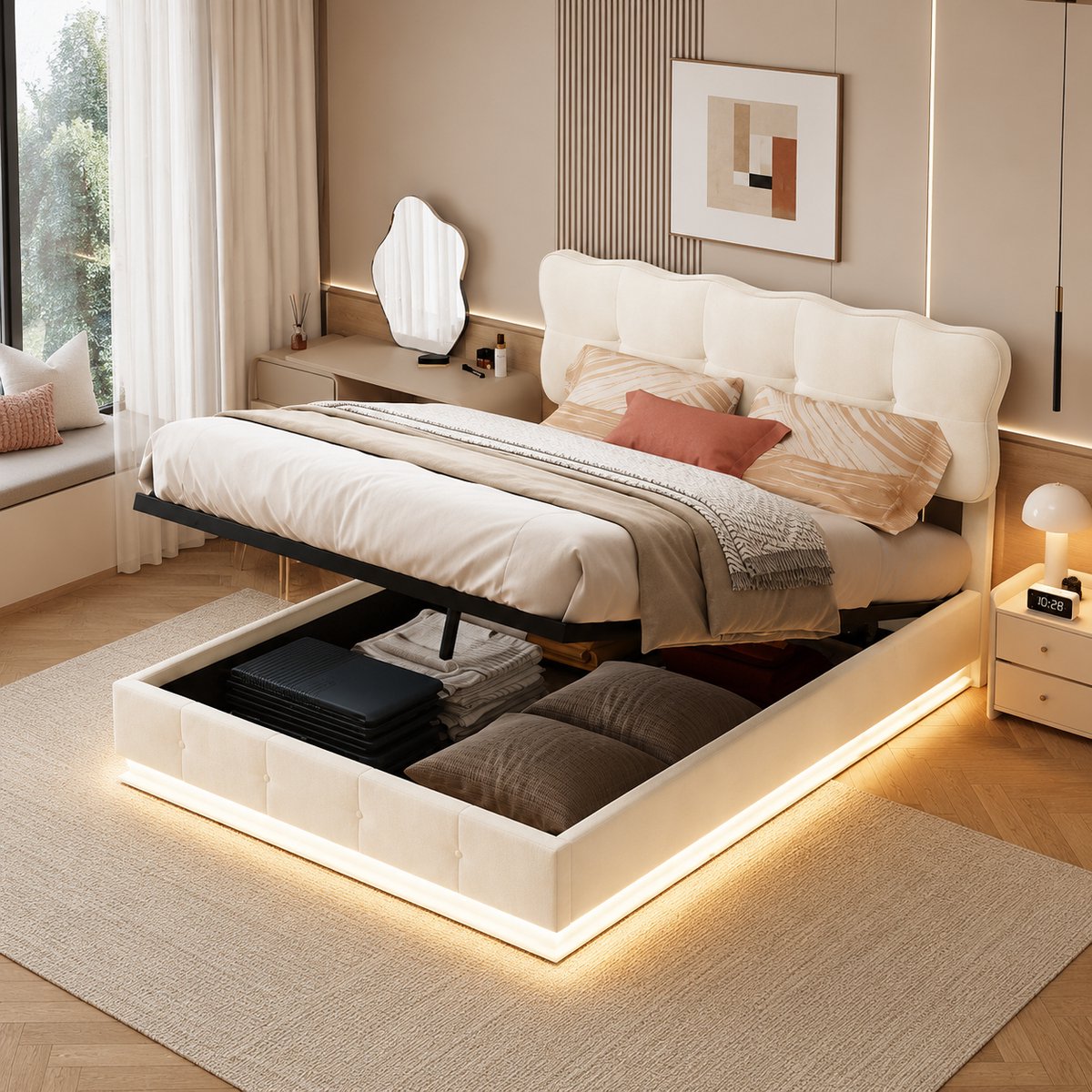 Opbergbed 140x200 cm met lattenbodem, tweepersoonsbed bed met opbergruimte en ledverlichting, gewatteerd tweepersoonsbed met in hoogte verstelbaar hoofdeinde, Beige fluweel