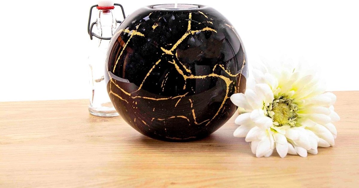 Mini Urn Waxinelichthouder - Glazen Herdenkingshouder - Liefdevolle Herinnering - Handgemaakt in Europa - 14 cm Hoog - Zwart Goud