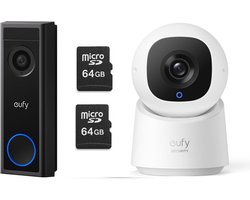 eufy Security C30 2K Draadloze Video Deurbel 2K FHD - Accu Zwart + eufy Security C220 indoorcam + 2X SD card 64 GB - Bundel