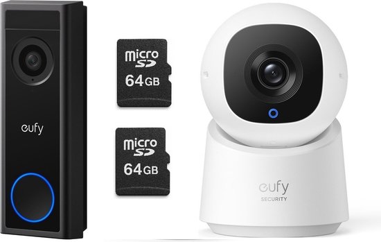 Eufy videodeurbel, twee 64GB SD-kaarten en een witte eufy beveiligingscamera op een witte ondergrond.