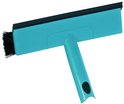 Raclette de fenêtre turquoise avec brosses noires et raclette blanche, avec poignée.