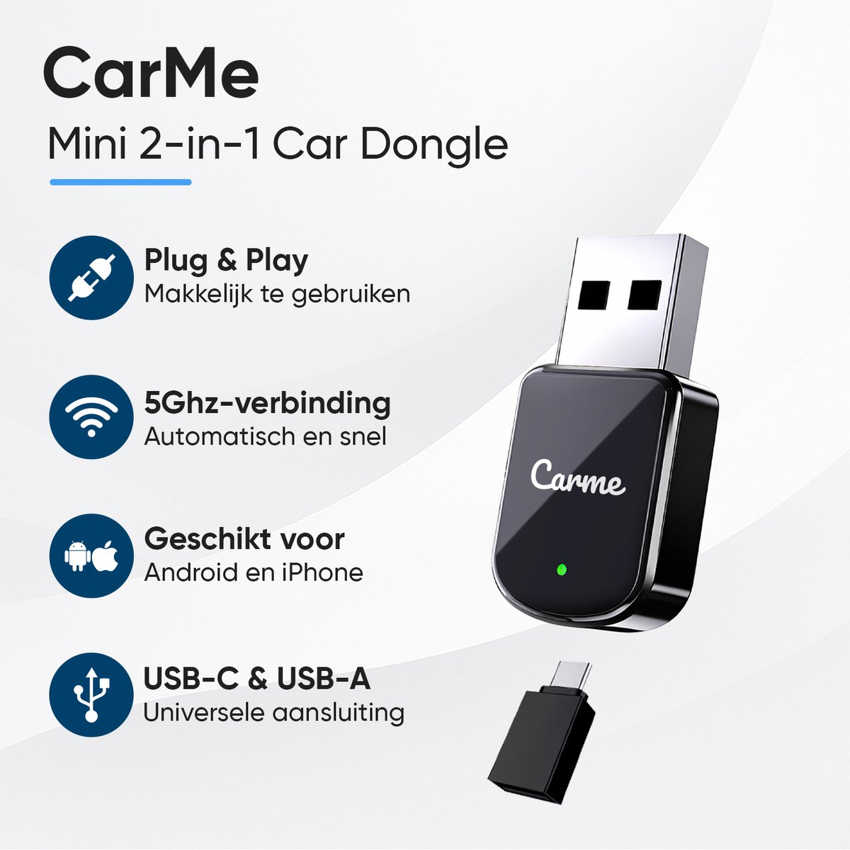 CarMe Mini 2-in-1 CarPlay Dongle V3 - CarPlay Adapter - Draadloos CarPlay & Android Auto - USB-A & USB-C - Android Auto Dongle - Apple Carplay - Zwart — cadeau in Gadgets - foto 2