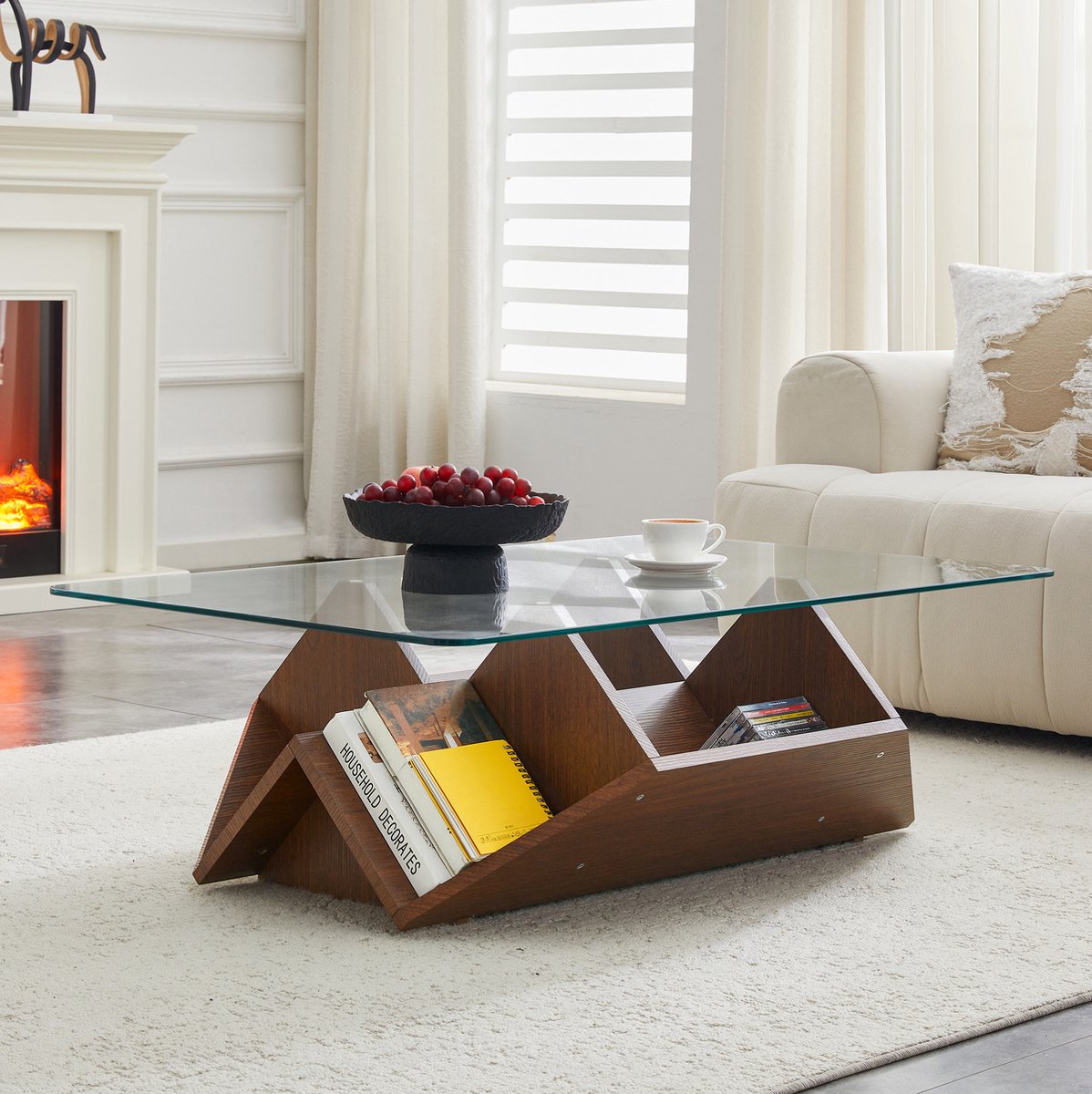 MIVRAY Salontafel - Gehard Glazen Tafelblad Met Open Opbergruimte - Voor Woonkamer En Kantoor - MDF Walnootkleur - 103x63x33,5 Cm Walnut
