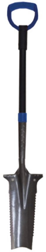 Zaagspade met blauw D-handvat, zwart metalen steel en gehard stalen zaagblad, 115 cm lang.