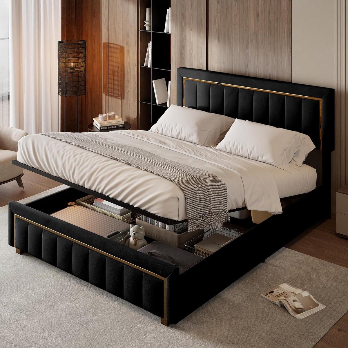 Kistbed met opbergruimte - Tweepersoonsbed frame - Slaapkamer organiseren - Elegant hoofdeinde - 140 x 200 cm - Zwart