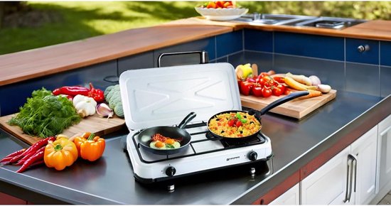 Draagbare 2-pits gaskookplaat met wit glas, 2600 W, ideaal voor camping en buiten koken — afbeelding 4