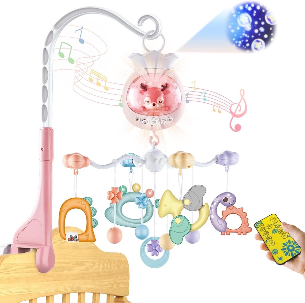 Babybed Mobiel - Muziek Mobiel - Baby Vermaken - Muziek Projectie Roterend - 38 cm - Roze