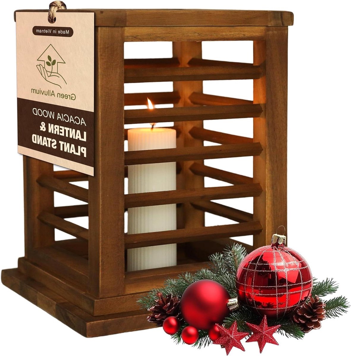 Houten Lantaarn - Decoratieve Lamp - Sfeervolle Decoratie - Duurzaam Acaciahout - 48 cm Hoog - Natuurlijk Hout