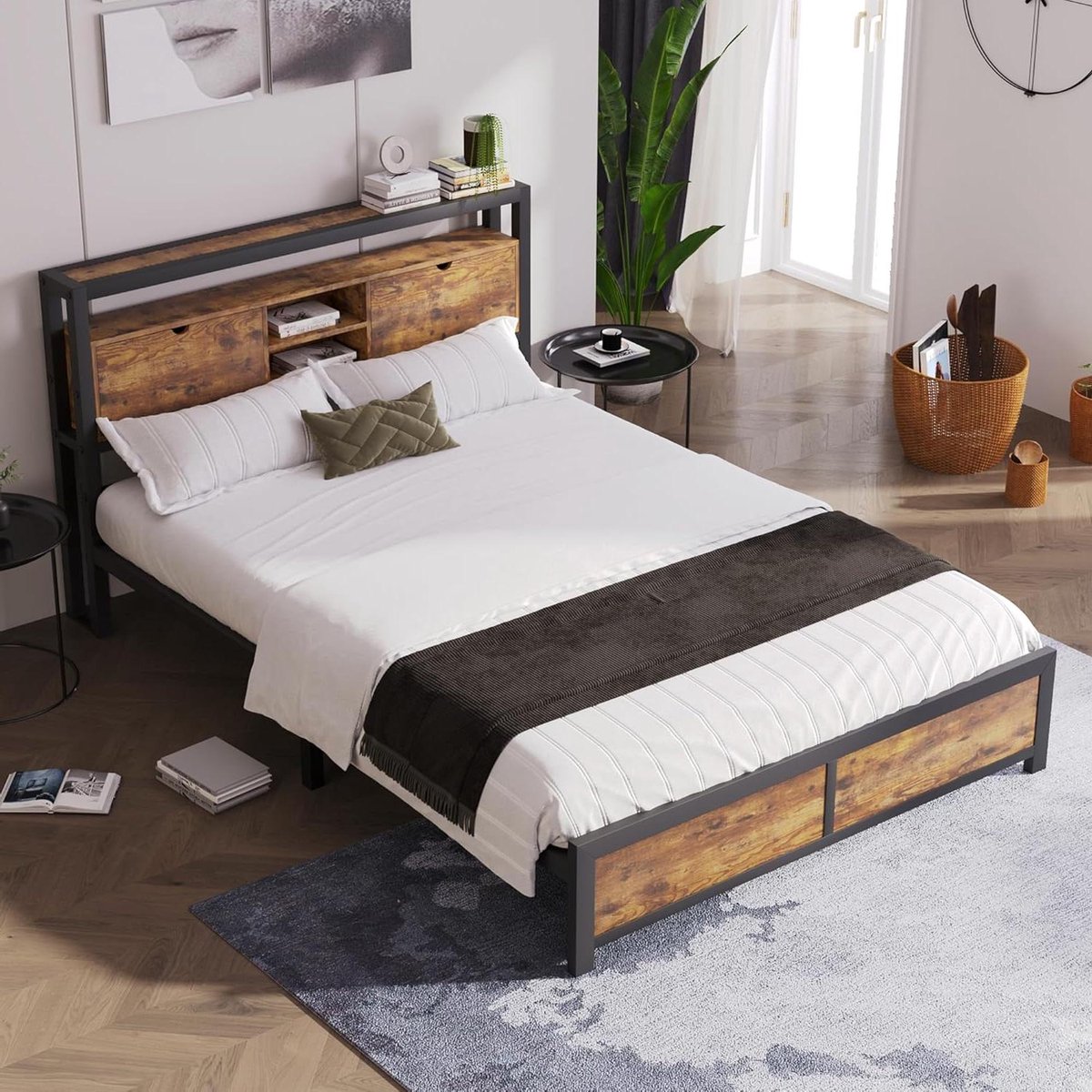 Metalen Bedframe - Tweepersoonsbed - Opbergen Slaapkamer - Hoofdeinde met vakken - 140 x 200 cm - Zwart