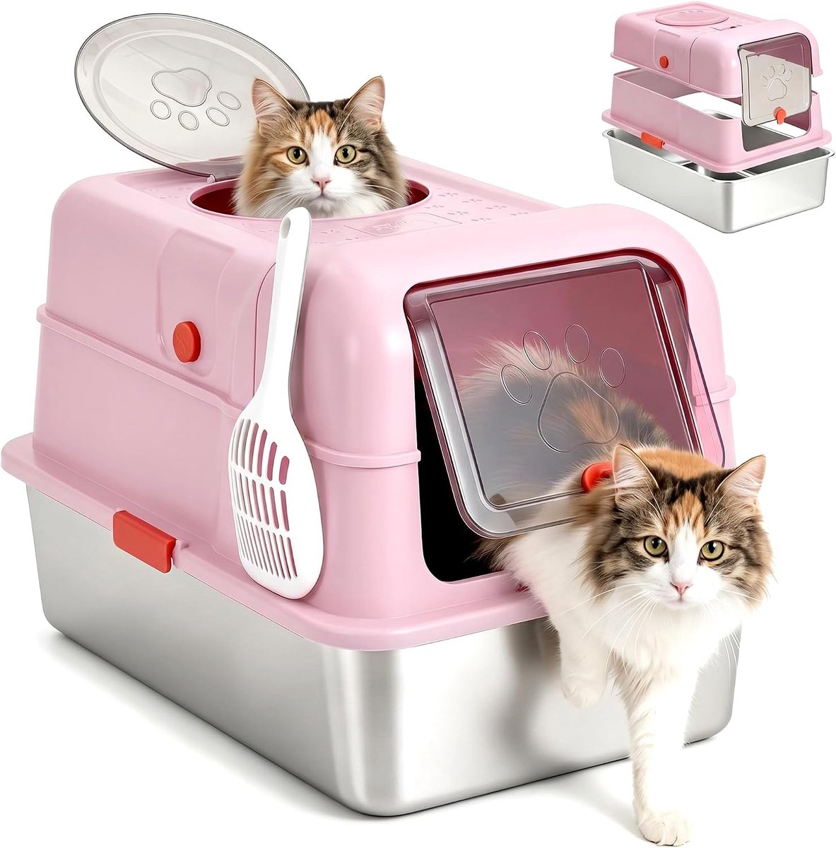 Grote roestvrijstalen kattenbak met deksel – XL gesloten metalen kattenbak – Hoge randen, lekvrij – Inclusief schepje, geschikt voor grote katten en huishoudens met meerdere katten – Roze
