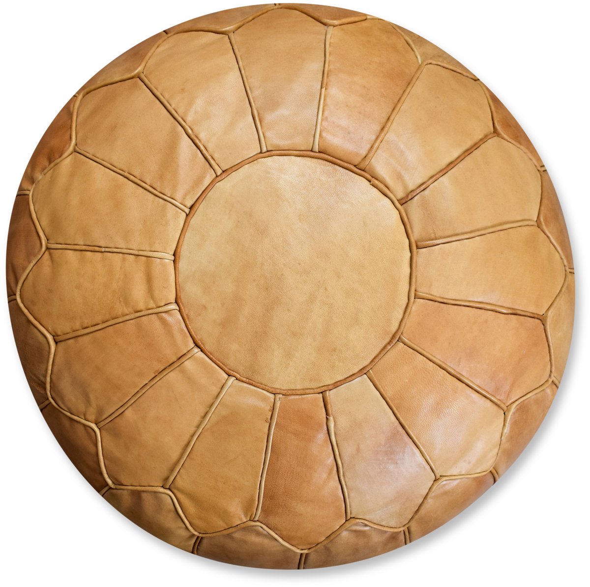 Leren Poef (XL) naturelbruin - Handgemaakt - Rond - Ø60 x 35cm - Gevuld geleverd - POUFS&PILLOWS