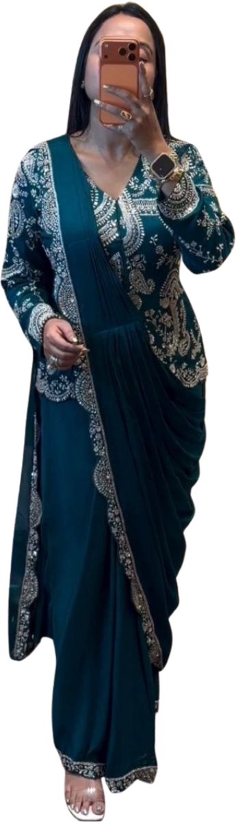 Simhera Threads Women's Peacock Teal Designer One Minute Saree -Mens and Womens Fashion-with Heavy Embroidered Jacket
