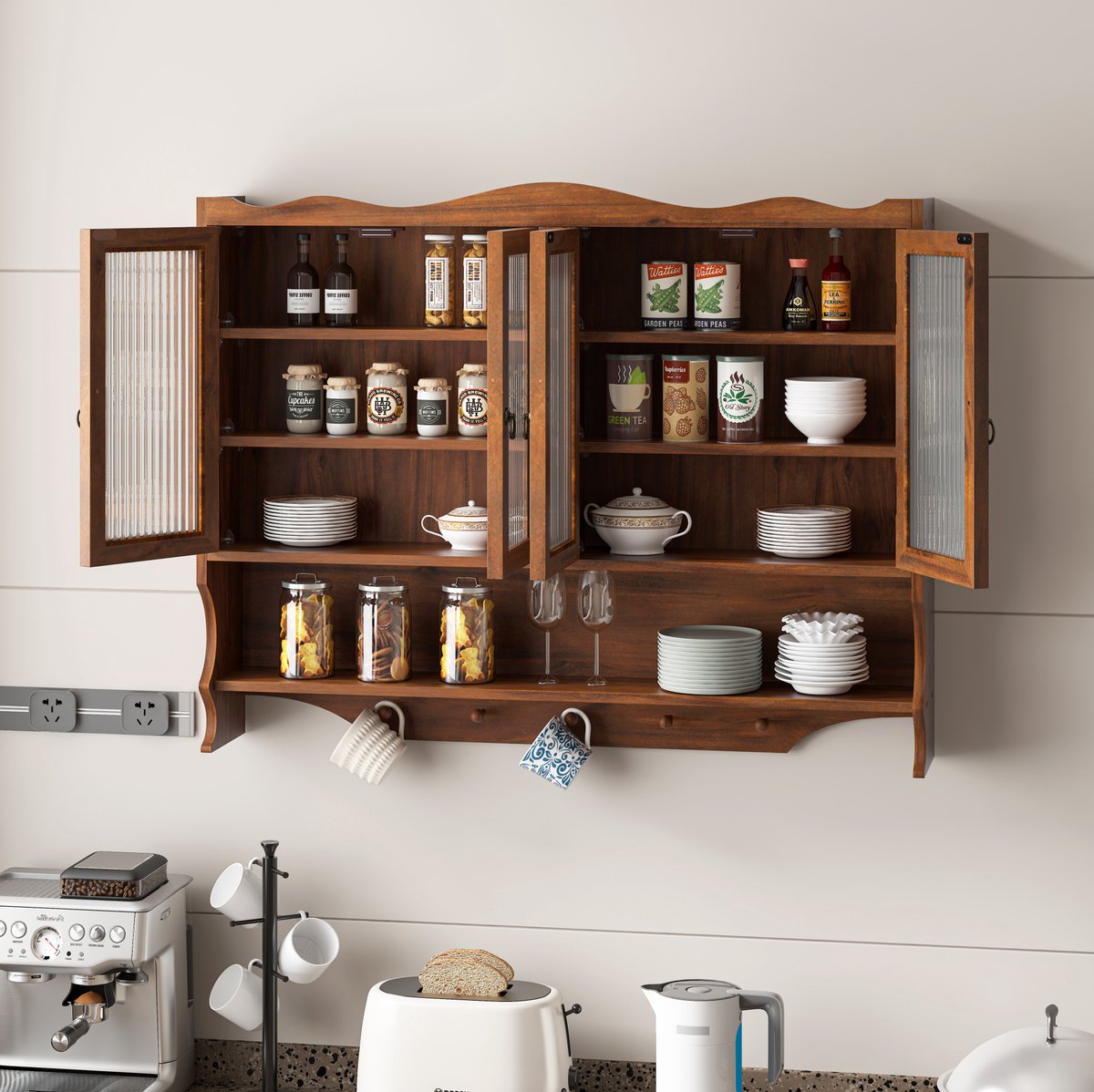 DESMIU Buffetkast - Wandgemonteerde Opbergkast Met 4 Deuren En Haken - Voor Keuken Badkamer En Eetkamer - Massief Hout En Glas - 100x20x80 Cm - Bruin