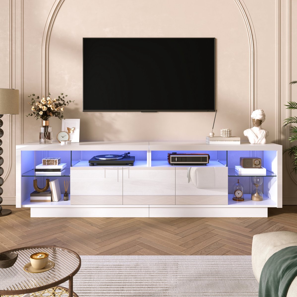 STILVORA Dressoir - Hoogglans Tv-Meubel Met Ledverlichting En Glazen Vakken - Voor Woonkam