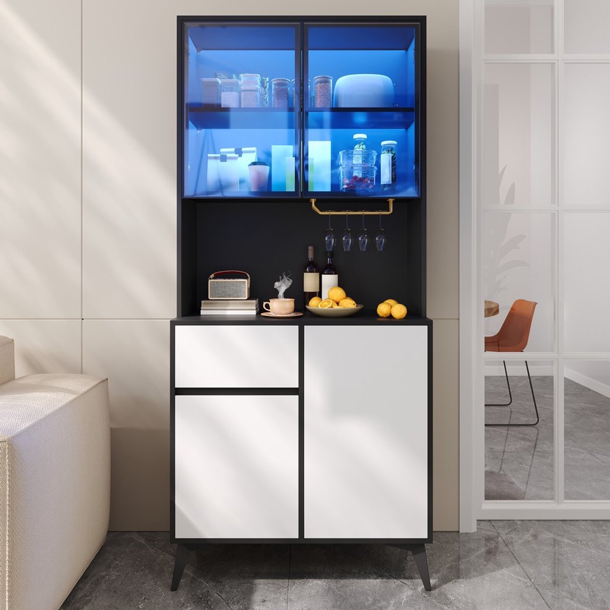 KOMHTOM Dressoir - Zwart Wit - MDF - Glazen Deuren - LED Verlichting - Vitrinekast - Sideboard - Eetkamer Woonkamer - Opbergkast - Modern Design