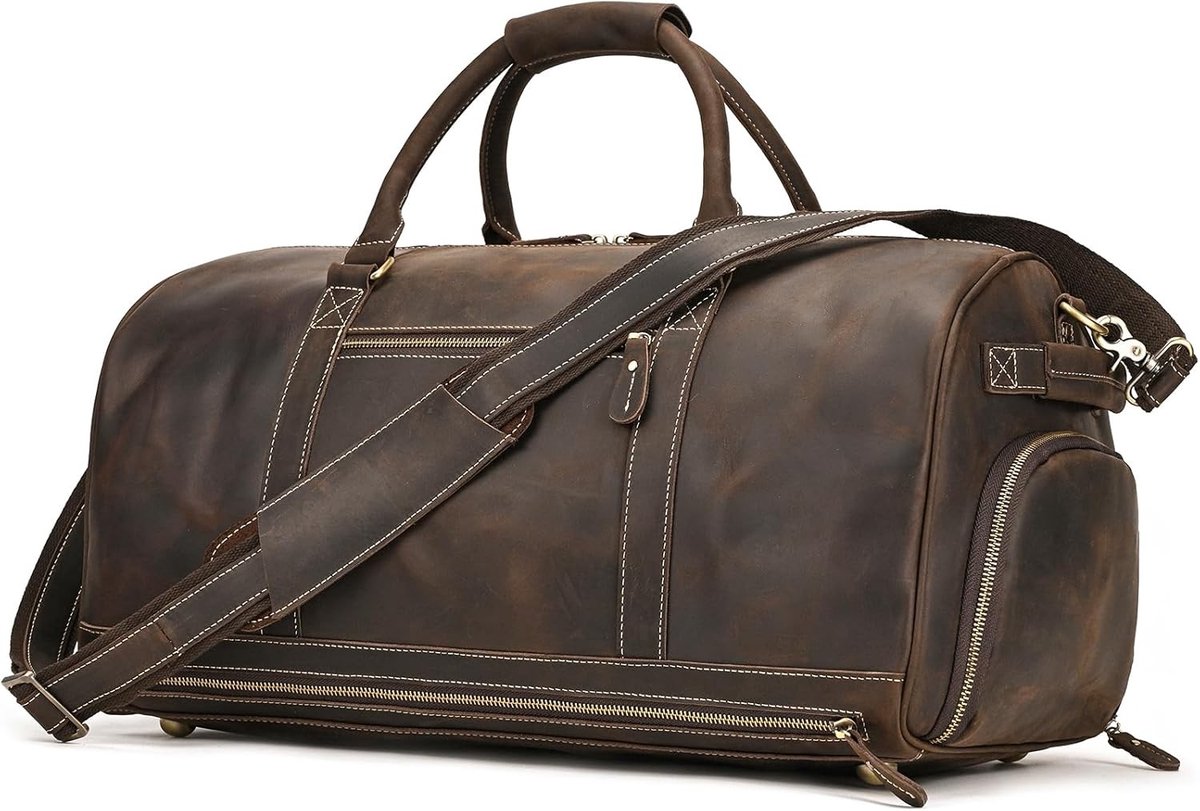 Heren Leren Weekendtas, Vintage Reisbagage voor Handbagage, Echt Koeienleer, Donkerbruin, Lichtbruin, Retro Stijl, Ideaal voor Sport en Reizen
