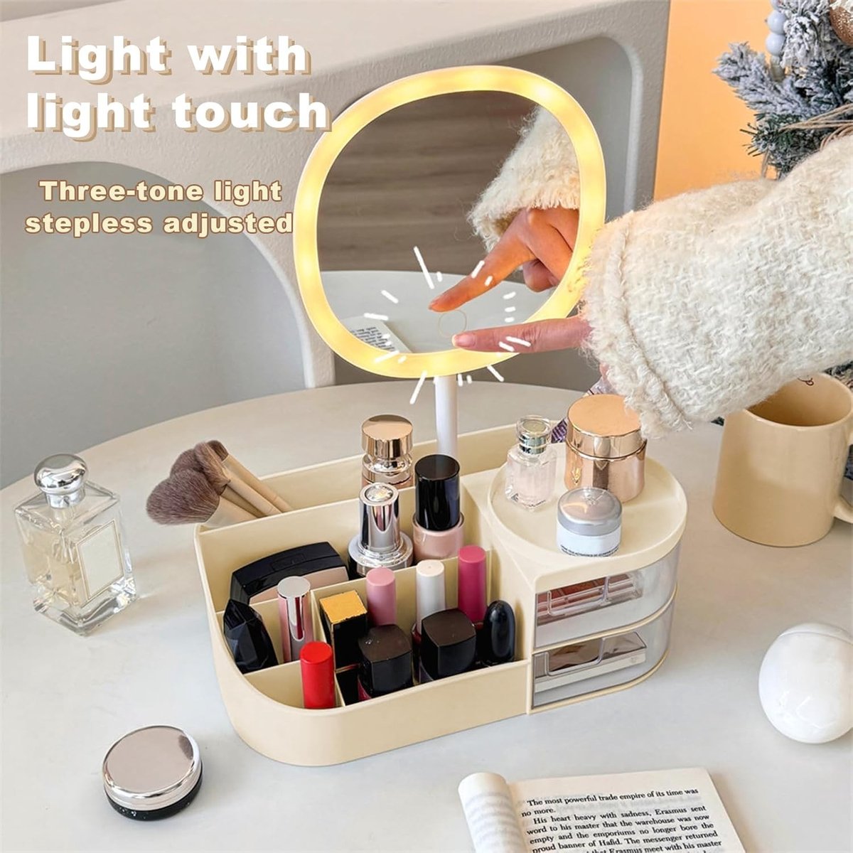 Make-up Organizer met Oplaadbare Spiegel, Borstelhouder met 2 Laden, Groot Capaciteit Skincare en Cosmetica Display voor Dressoir en Slaapkamer