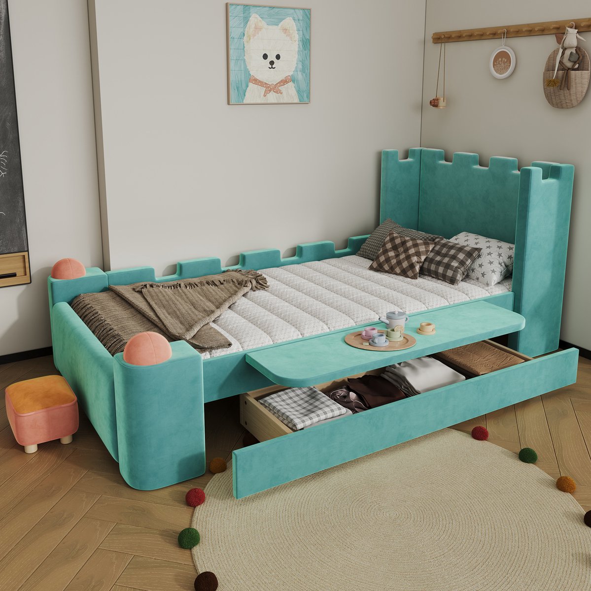 FloraGrace Kinderbed 90x200 cm - Kasteelontwerp Met Opklapbaar Zijschap - Met Opberglade - Zonder Matras - Stof En Hout - Blauwgroen
