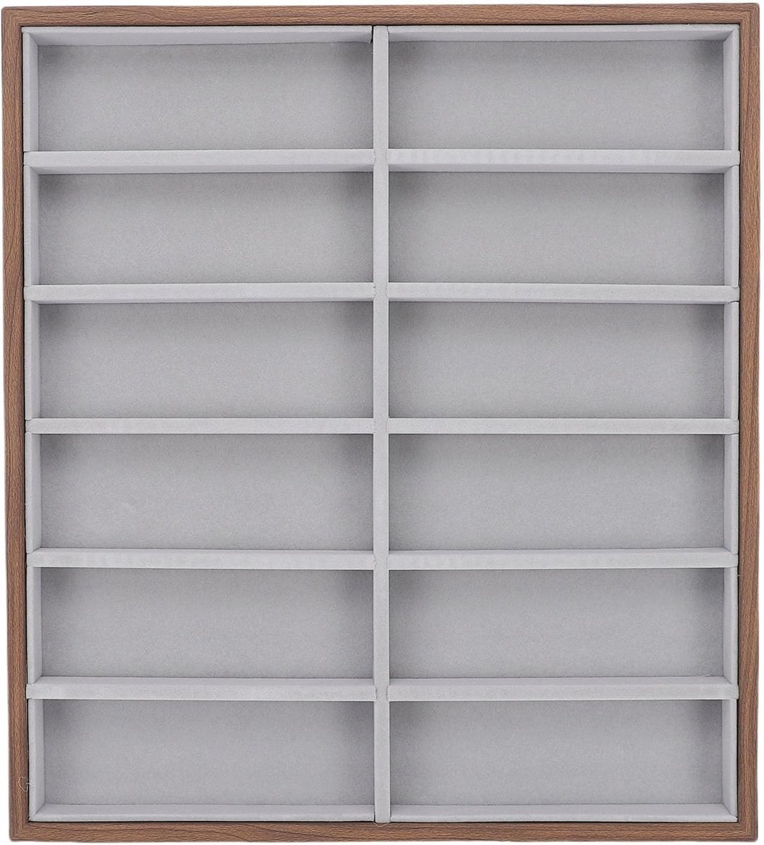 Glazen Opbergdoos voor Zonnebrillen, 12 Vakken Organizer en Display Tray met Houten Afwerking voor Zonnebrillen en Brillenopslag