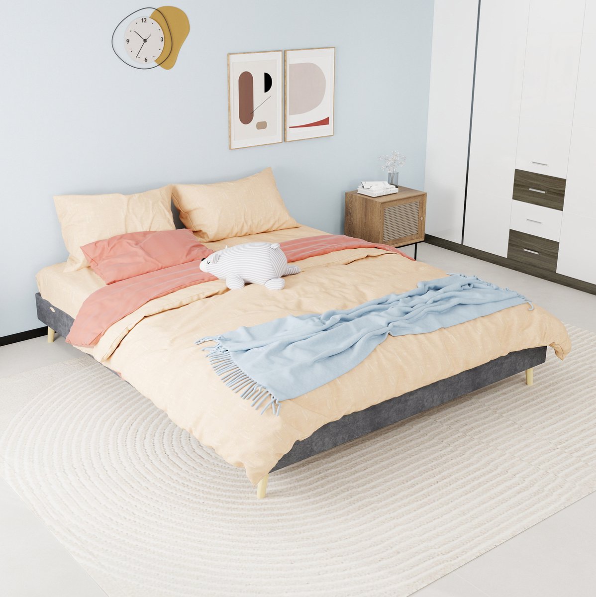 FloraGrace Bed 160x200 cm - Laag Tweepersoonsbed met Lattenbodem - Zonder Hoofdbord - Zonder Matras - Stoffen Bedframe - Grijs