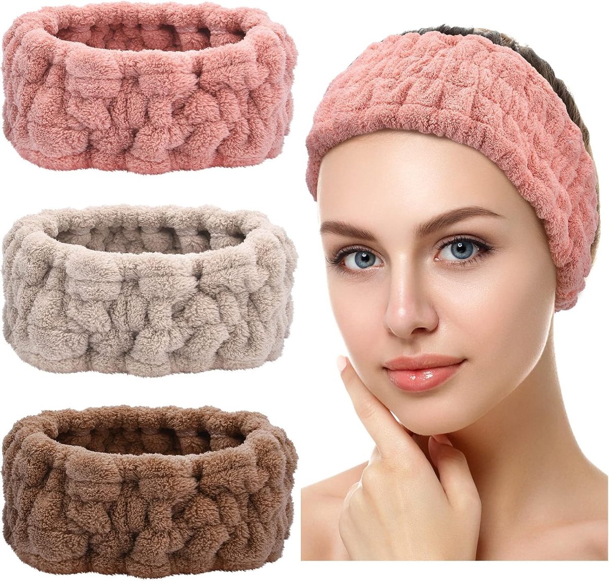 Set van 3 Zachte Spa Haarbanden voor Vrouwen - Perfect voor Makeup, Gezichtsreiniging en Douche (Roze, Grijs, Donkerbruin)