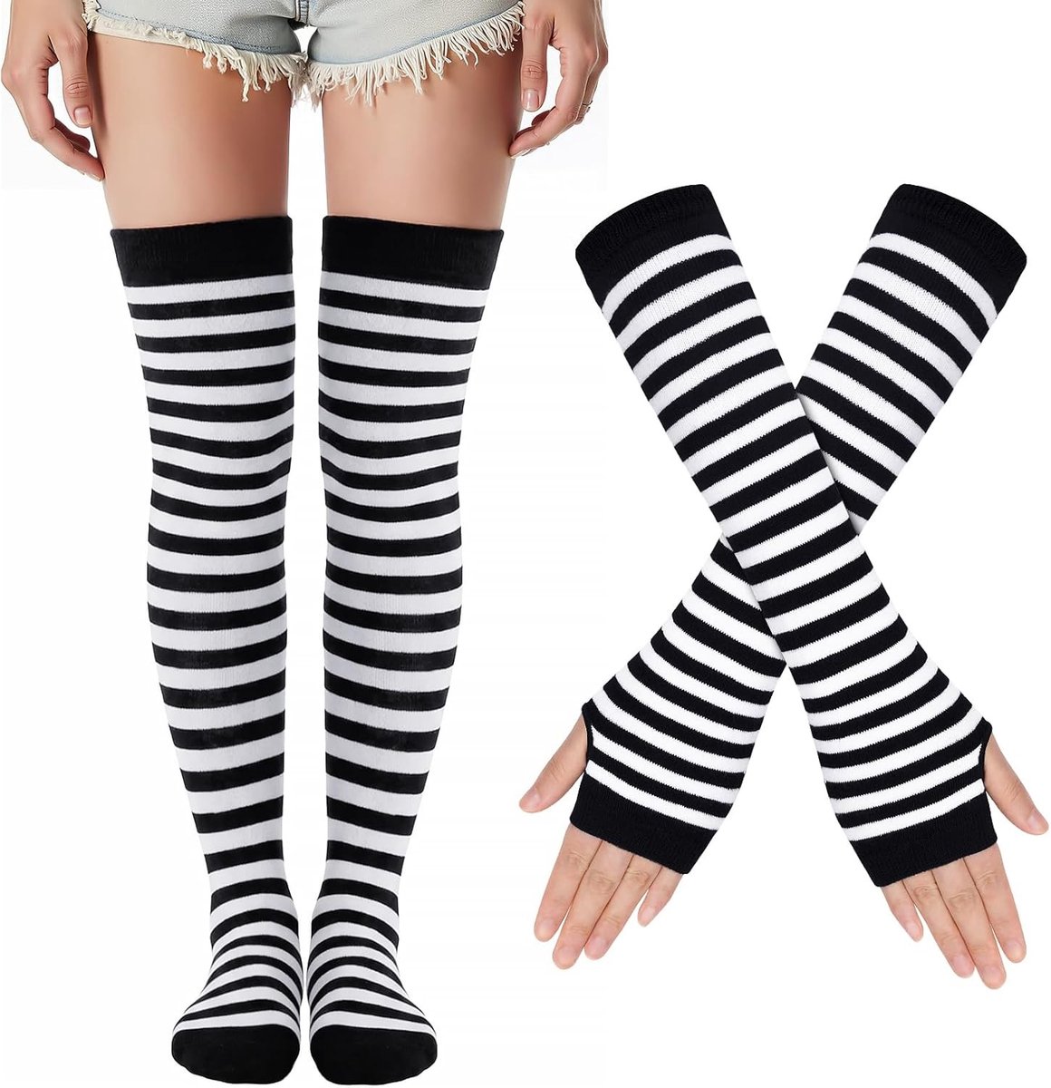 Gestreepte Kniekousen en Lange Vingerloze Handschoenen voor Dames en Meisjes - Ideaal voor Feestjes, Kostuums en Halloween