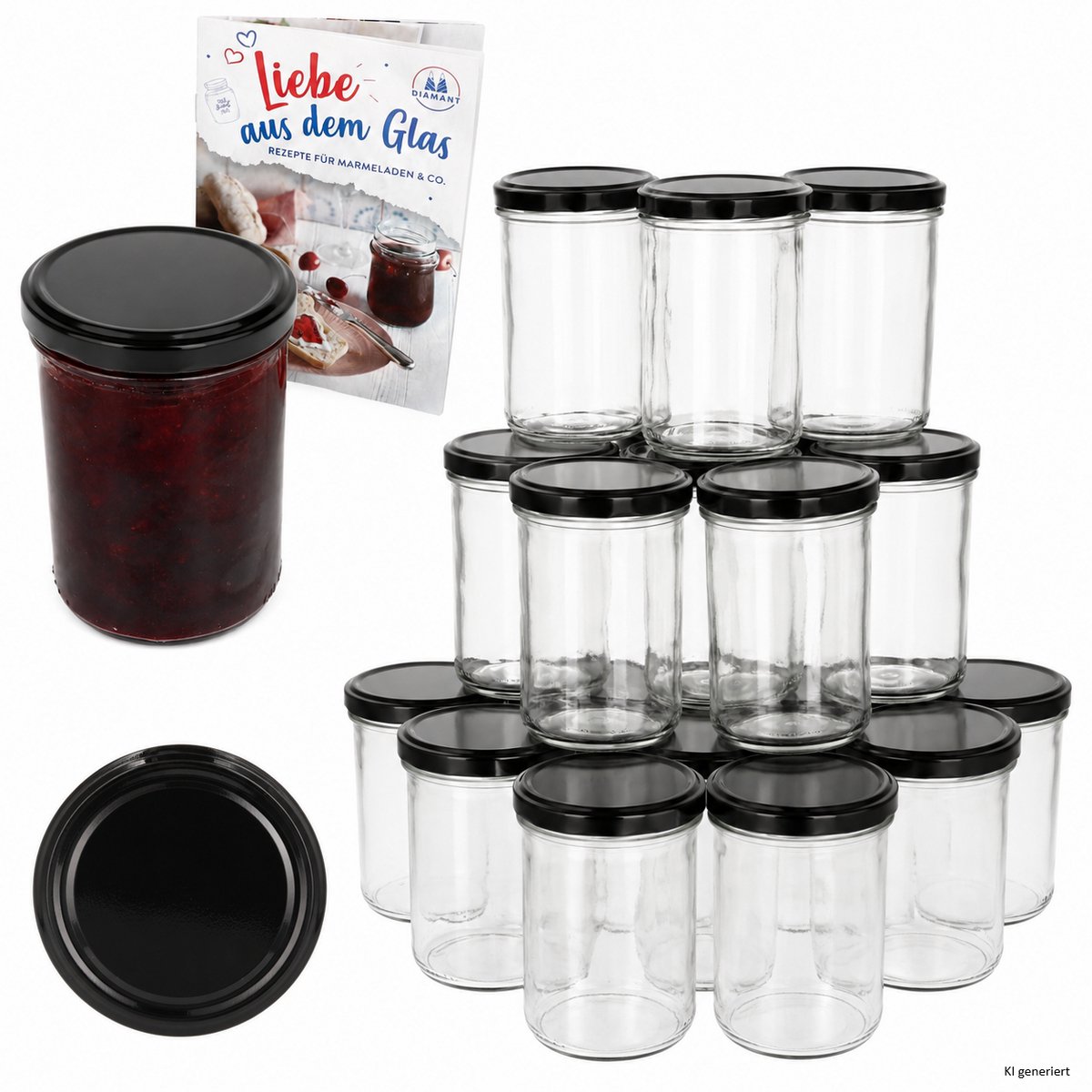 48-delige set sturzglas 435 ml jampot Inmaakpot Inmaakpot Tot 82 zwarte deksel incl. Diamant-suiker Gelierzauber receptenboek