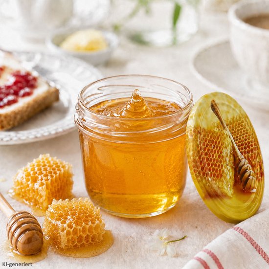 Glazen pot met gouden honing, met druipende honing, naast honingraten en een honinglepel.