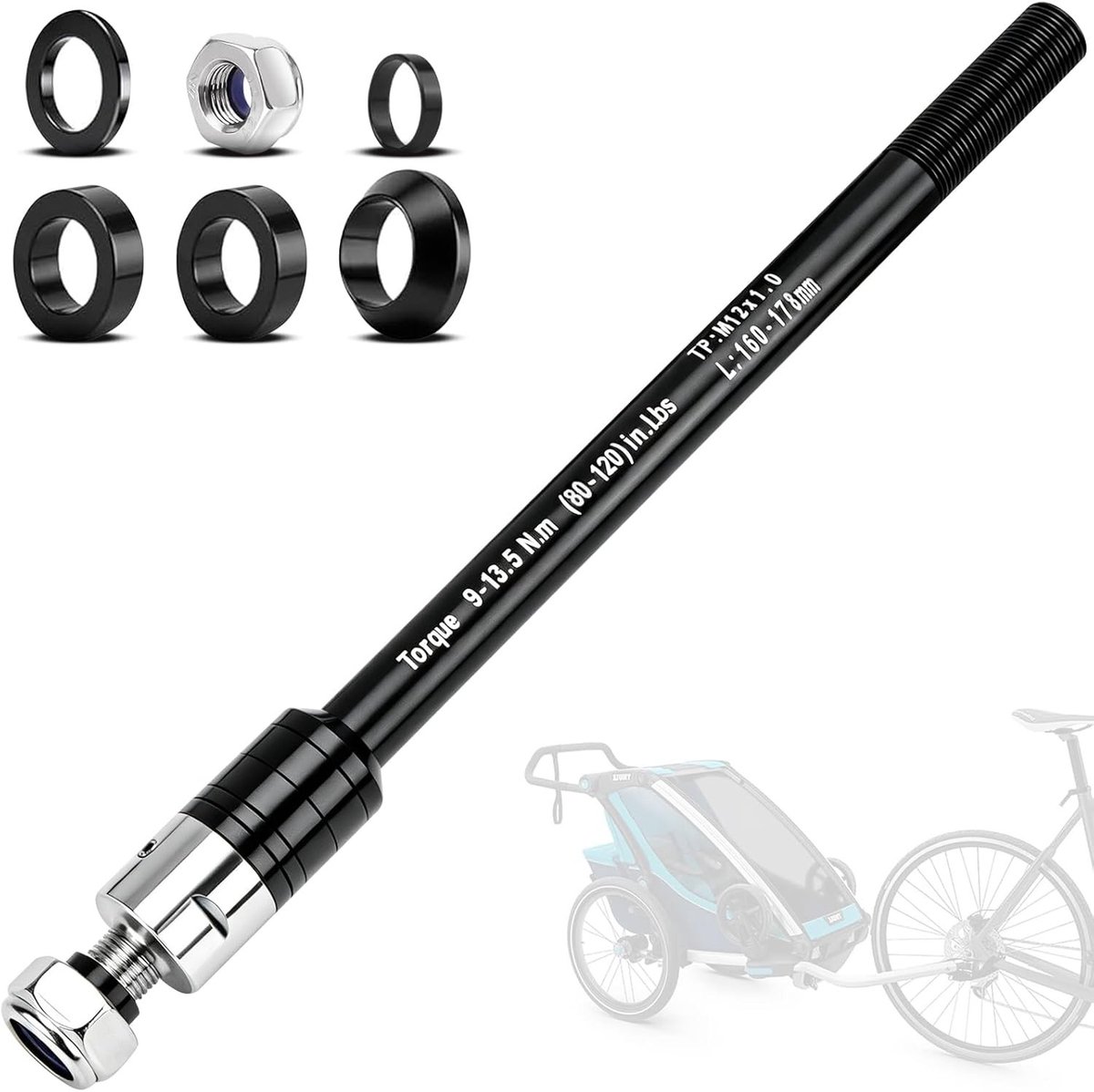 Duurzame fietstrailer doorsteekas M12 x 1.0 (160–178 mm) met adapter voor fietsas en metalen constructie