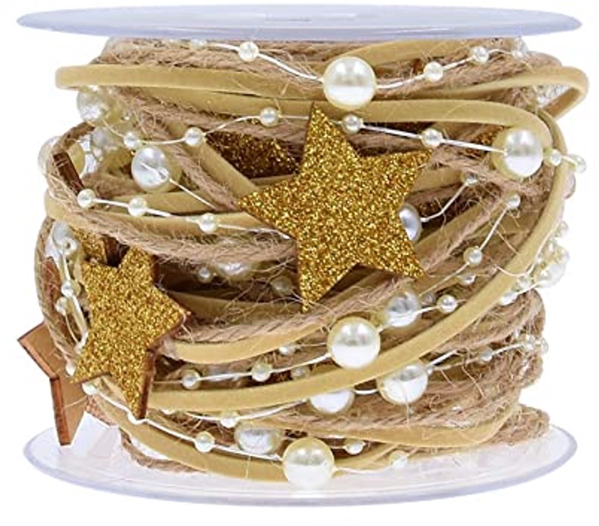 Kralenband met glitter hout sneeuwvlok ster, parelslinger, cadeaulint, hangdecoratie, decoratief lint voor bruiloft, Kerstmis, Valentijnsdag, doop, verjaardagscadeaus, goud, 2 meter / rol
