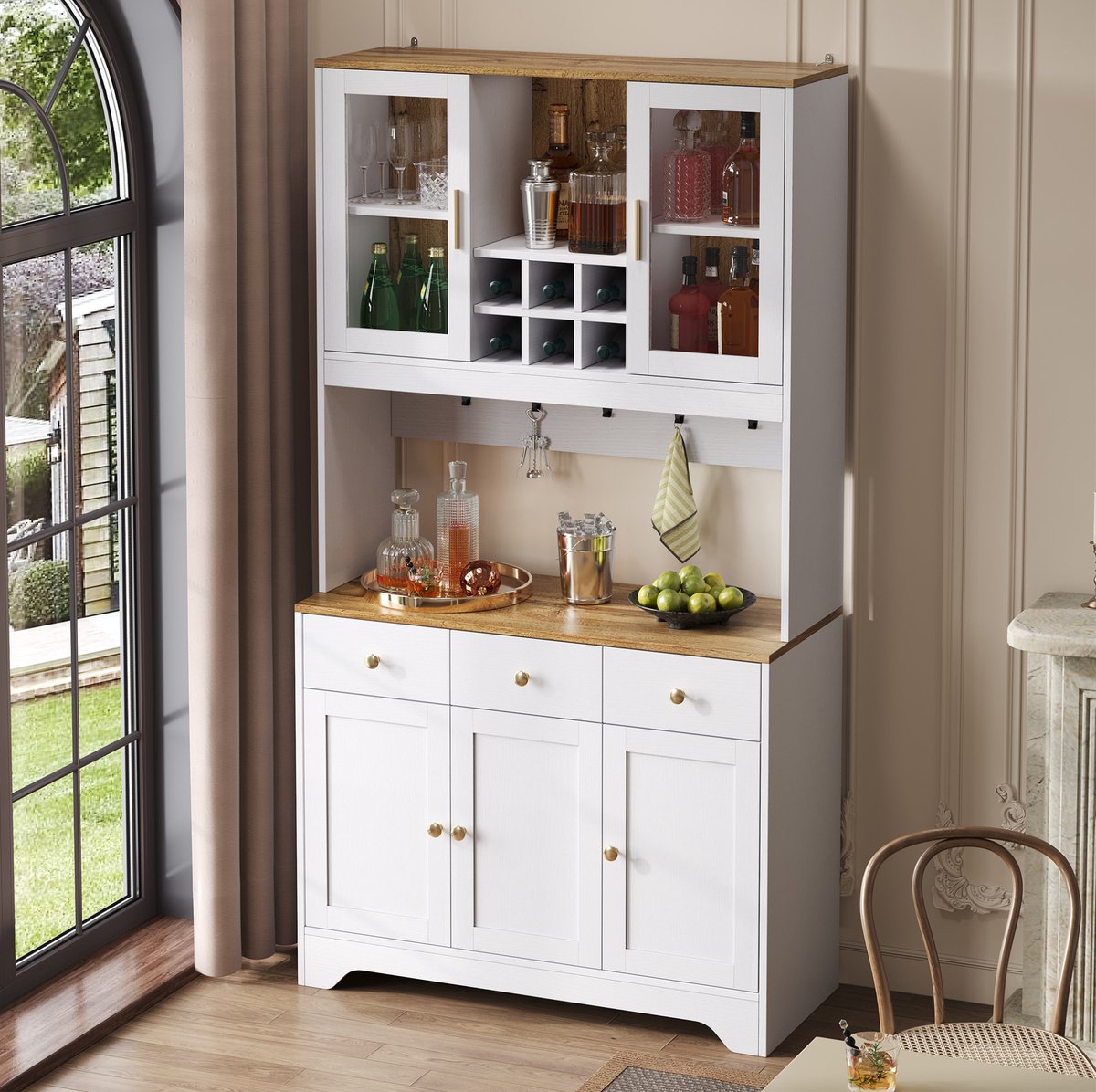 MEUNIQ Buffetkast 94,5 x 30 x 175,5 cm met 5 deuren, 3 lades en open vakken, hoge opbergkast met transparante deuren voor woonkamer of eetkamer, wit met houtkleur