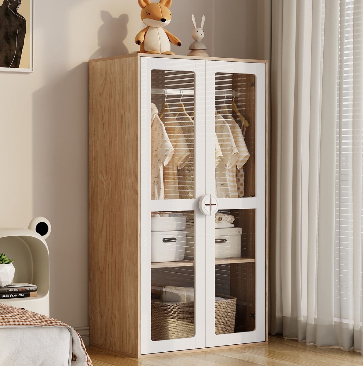 MIVRAY Kinderkledingkast - Dubbele Deuren Met Verstelbare Planken En Kledingstang - Voor Kinderkamer En Logeerkamer - MDF - 80x50x150 Cm