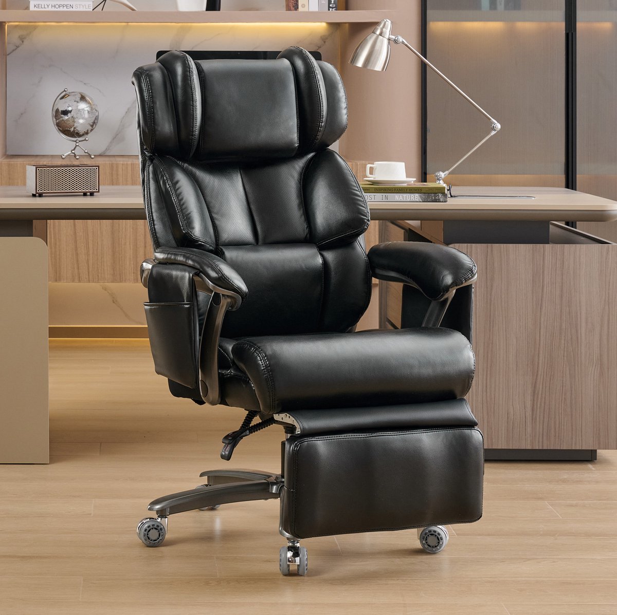 MIVRAY Bureaustoel 76,5 x 85,5 x 121,5 cm - Met Massage- En Verwarmingskussen, Voetsteun En Verstelbare Rugleuning - Kunstleer Zwart