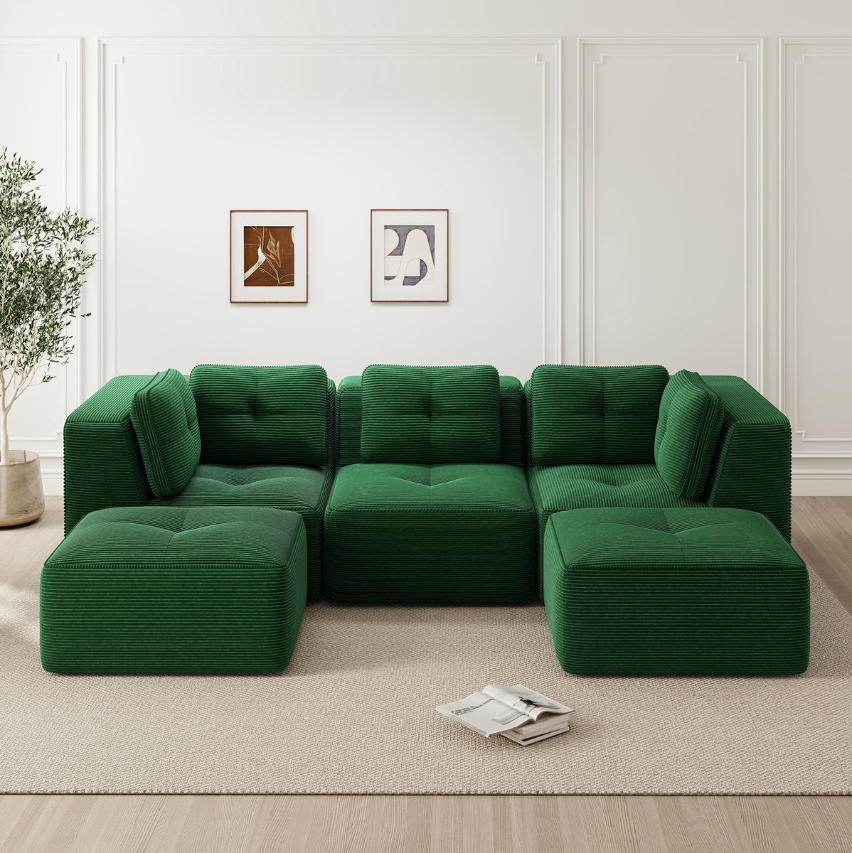 MIVRAY Set 297 x 177 cm - Modulaire Hoekbank Met Ottomane en Diepe Zitting Zonder Montage - Voor Woonkamer en Zithoek - Cordstof Groen