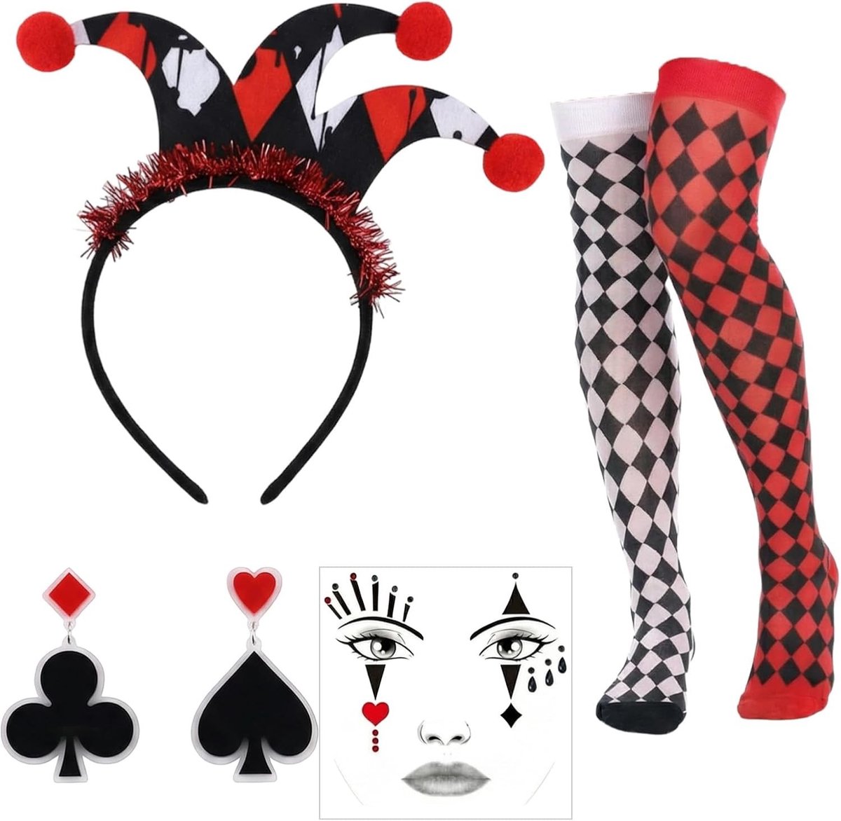 Koningin van Harten Kostuum Accessoires voor Vrouwen met Gezichtstatoeage, Overknee Sokken en Haarband voor Carnaval, Cosplay en Feestjes