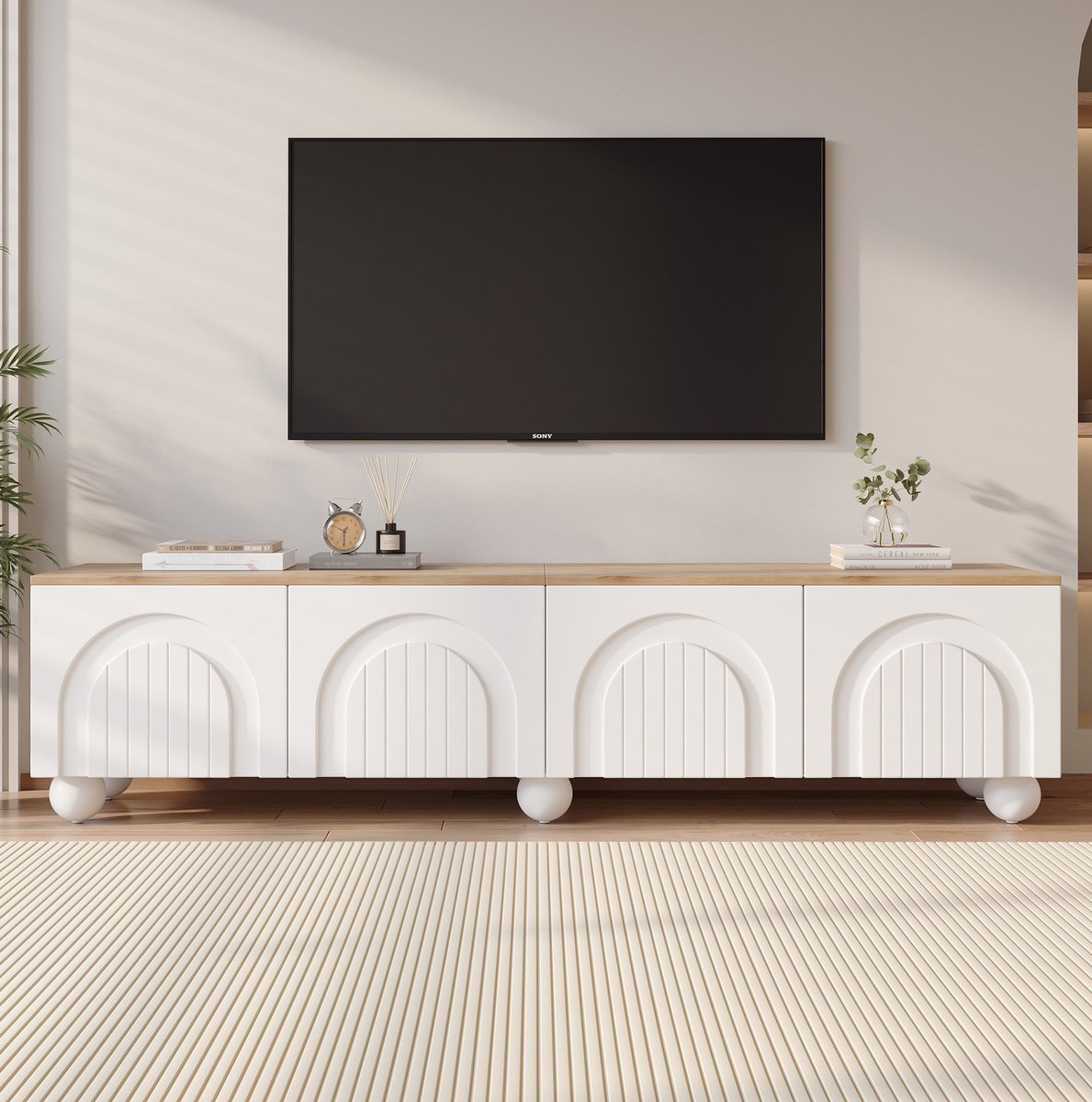 MEUNIQ TV kast 180 x 40 x 45 cm met 4 deuren en 2 opbergvakken, dressoir voor woonkamer, geschikt voor tv tot 80 inch, wit en eiken met metalen poten