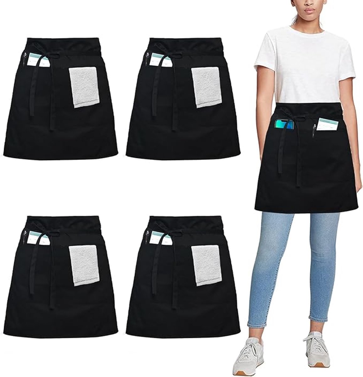 Schortenset 4 stuks – korte heupschorten met zakken – wasbaar katoen/polyester – zwart – voor horeca, koks en obers – 60 × 40 cm