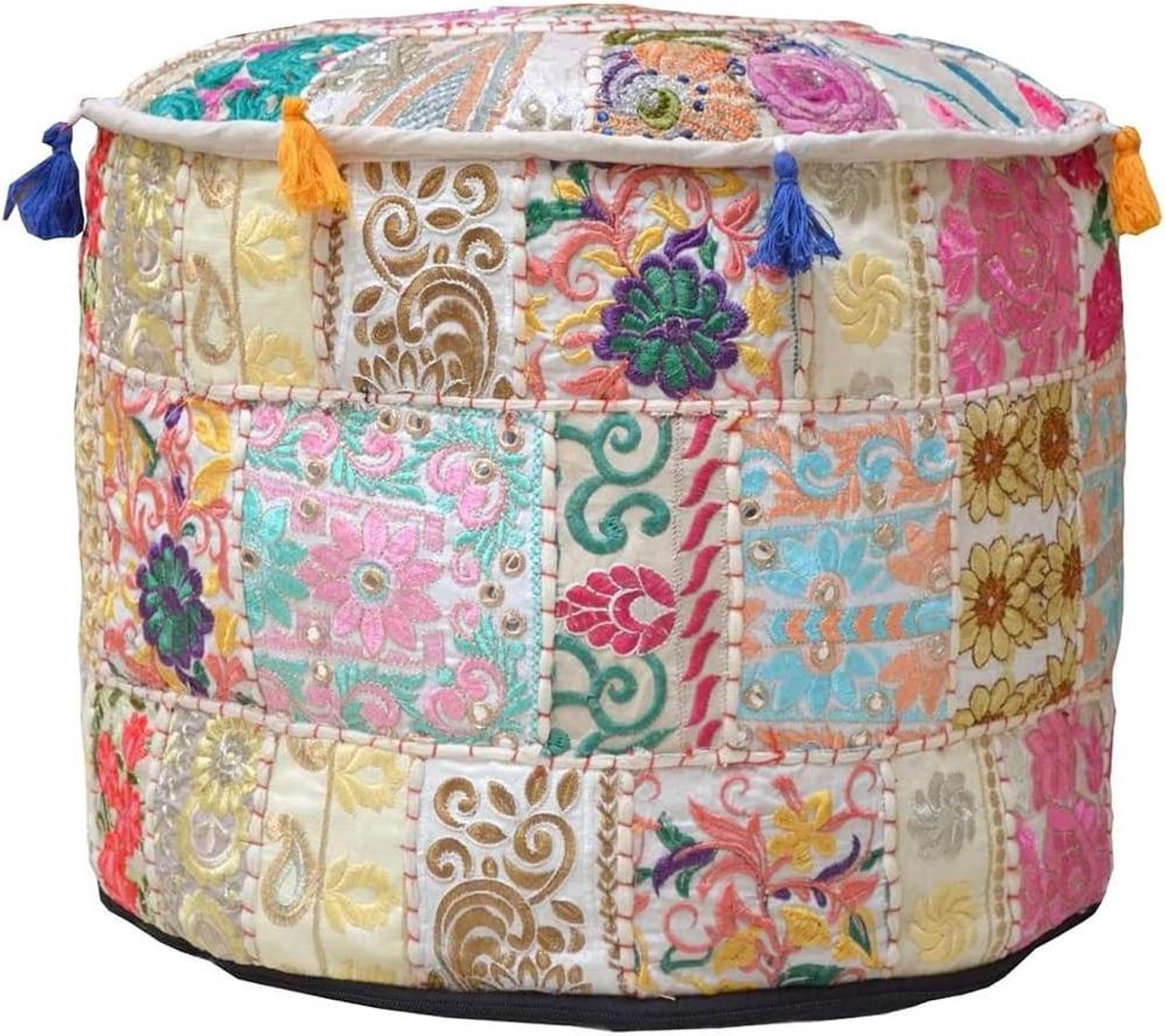 Indiase Poef - Voetenbank Overtrek - Woonkamer Decoratie - Patchwork Borduurwerk - 56 x 35 cm - Beige