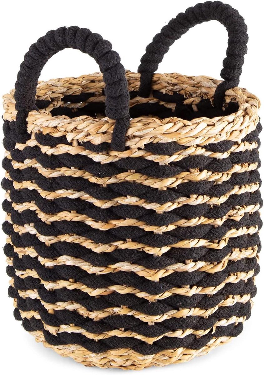 Opbergmand Zeegras - Decoratieve mand - Kamer Decoratie - Tweekleurig gestreept - 20 x 20 cm - Zwart Bruin