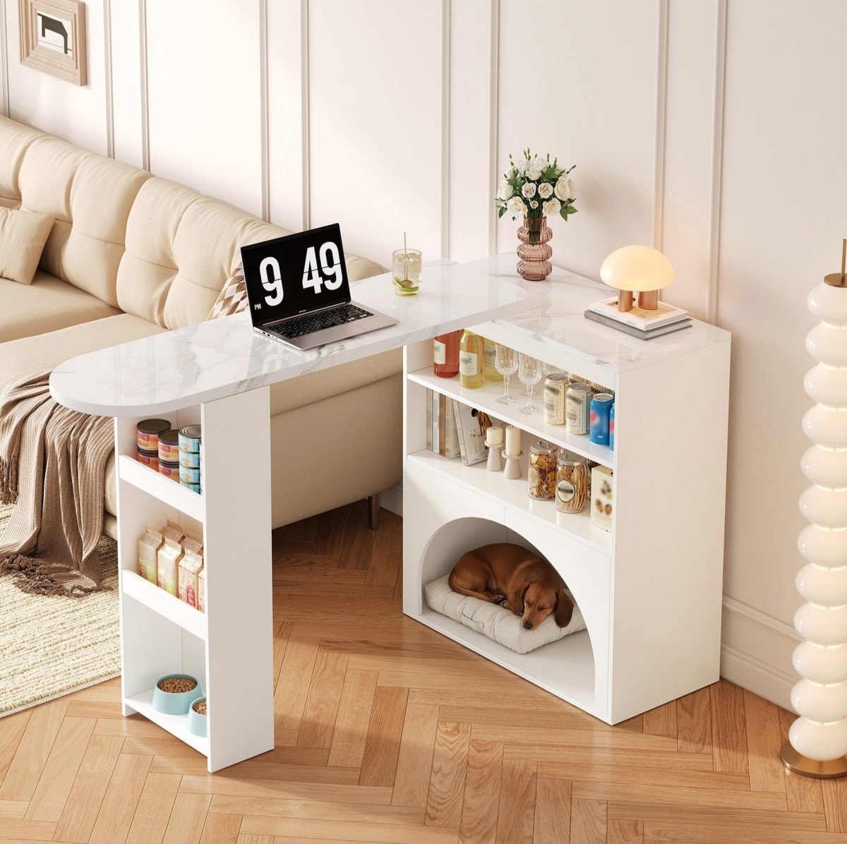 MIVRAY Bartafel - Uitschuifbare Hoge Tafel Met Draaiblad En Open Vakken - Voor Keuken En Eethook - Marmerlook MDF - Wit - 120x40x100 Cm