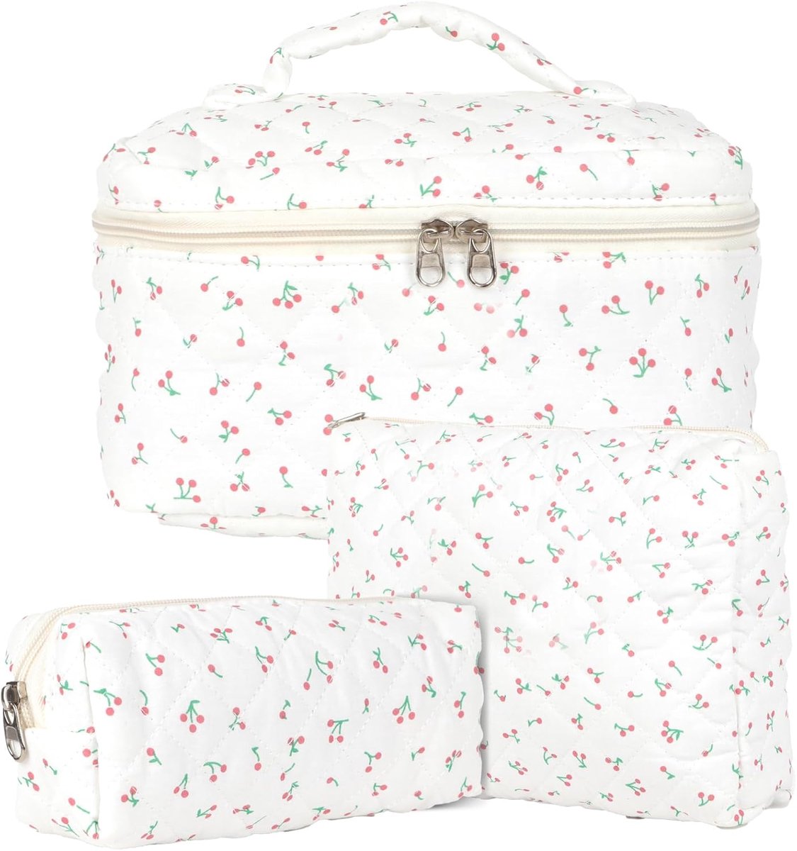 Thijox - Set van 3 Dames Toilettassen met Bloemenpatroon, Draagbare Make-uptas, Grote Toilettas voor Dames en Meisjes, Wit/Kersen, Modieus voor Dageli